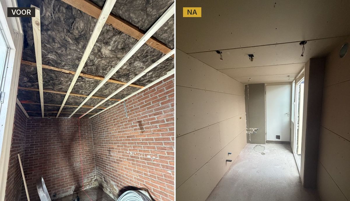 Wanden en plafond voor en na aftimmeren